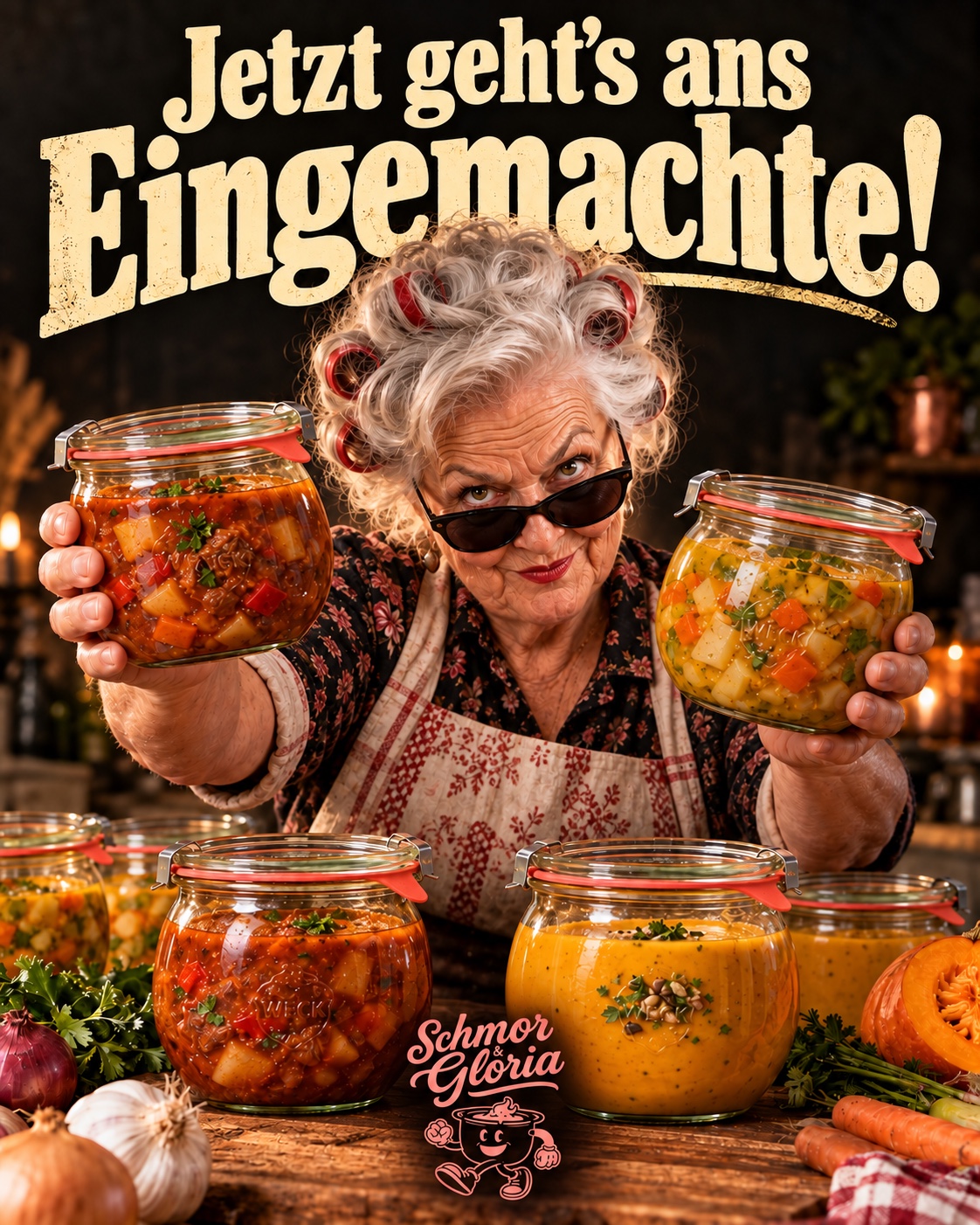 Oma mit Sonnenbrille präsentiert Suppen in Weckgläsern. Jetzt geht’s ans Eingemachte!